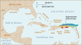 Расположение жёлоба Пуэрто-Рико (по данным Геологической службы США)